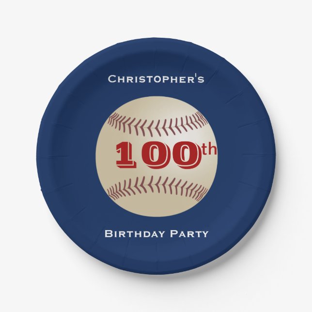 Baseball Paper Plates, 100th Birthday Party Paper Plates (Front)