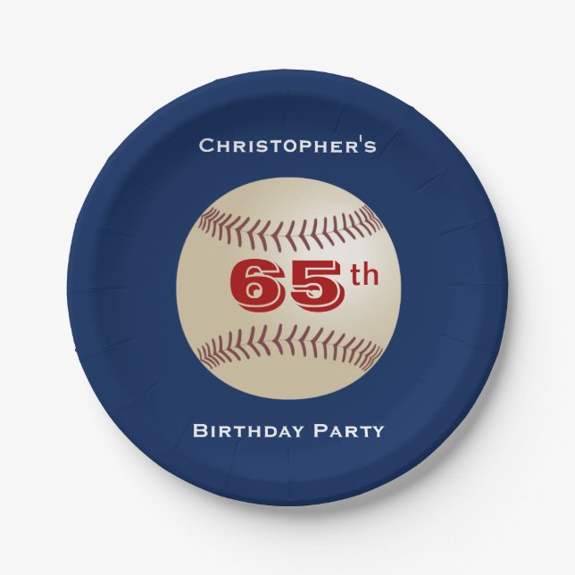 Baseball Paper Plates, 65th Birthday Party Plates (Front)