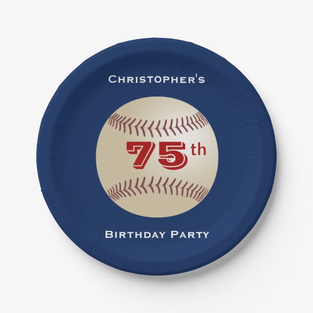 Baseball Paper Plates, 75th Birthday Party Paper Plates (Front)