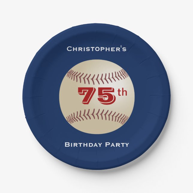 Baseball Paper Plates, 75th Birthday Party Plates (Front)