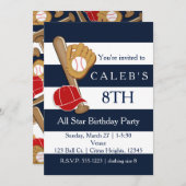 Baseball Party Blue Stripes Birthday Invitations (Front/Back)