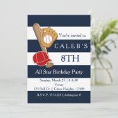 Baseball Party Blue Stripes Birthday Invitations (Standing Front)