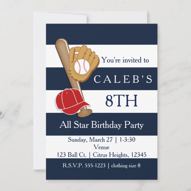 Baseball Party Blue Stripes Birthday Invitations (Front)