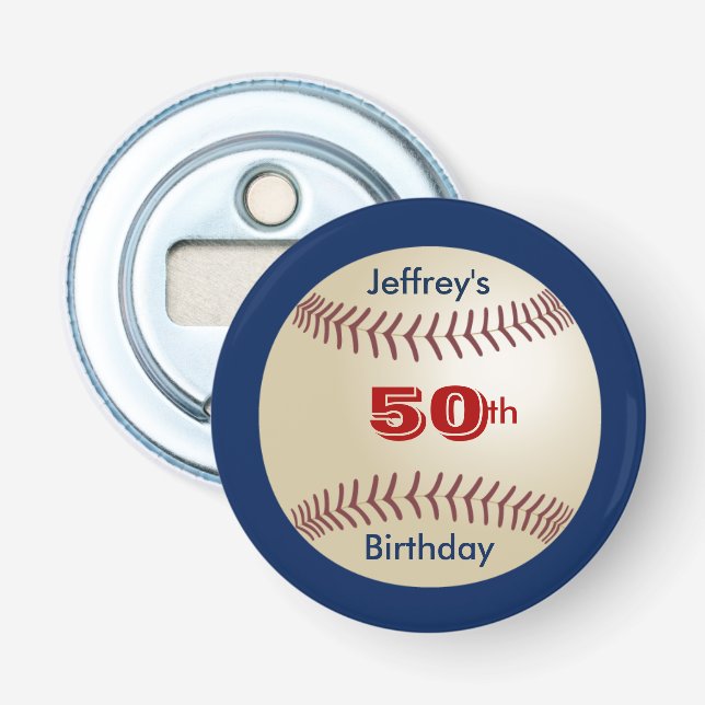Baseball Party Favor 50th Birthday Name Button Bottle Opener (Front)