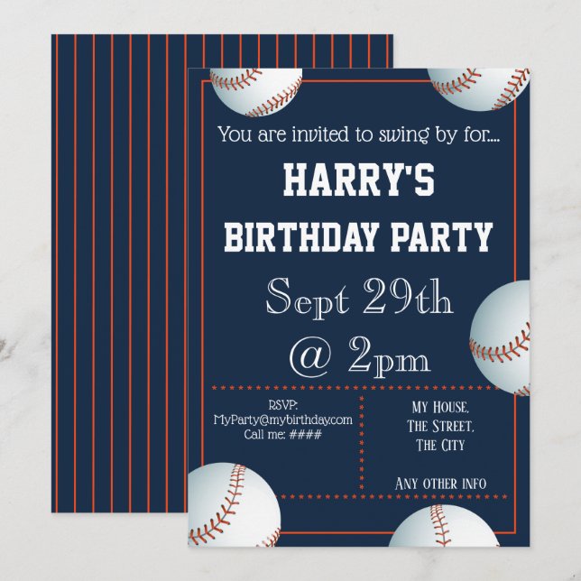 Baseball Party Invitation Editable (Front/Back)