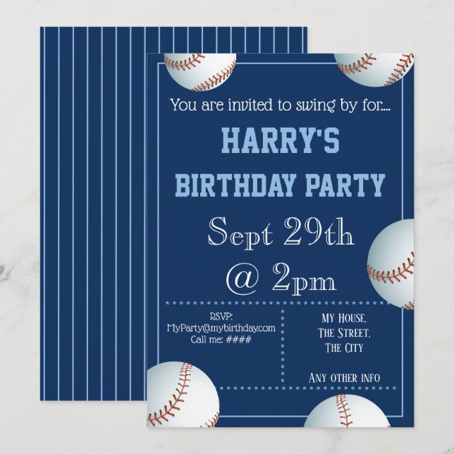 Baseball Party Invitation Editable (Front/Back)