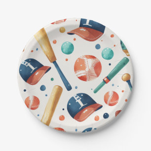 Baseball Pattern Blue Red Bat Hat Ball Birthday Paper Plates