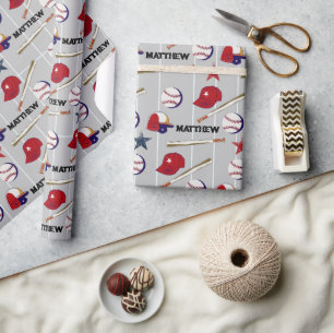 Baseball Pattern Kids Name  Wrapping Paper