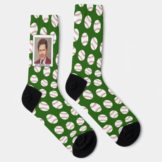 Baseball Pattern with Photo - Team Sports Green Socks (Right)