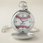Baseball Personalized Pocket Watch<br><div class="desc">Sports inspired pocket watch with graphics of a white and red baseball,  on the face,  with black hour marks.   Personalize the text as a great gift idea for him.</div>