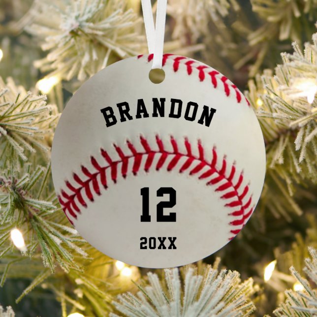 Baseball Photo Red Stitching Personalized Metal Ornament (Insitu)