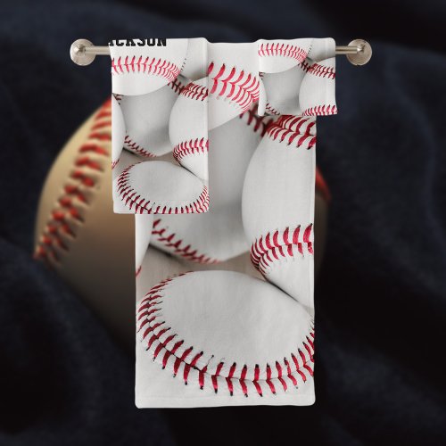 Baseball Pile Photo Close_Up Monogram Bath Towel Set