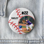 Baseball Pin Name Jersey Number Photo Button<br><div class="desc">This design features a baseball background with space for a name, number and photo. Click the customize button for more flexibility in adjusting the text! Variations of this design as well as coordinating products are available in our shop, zazzle.com/store/doodlelulu. Contact us if you need this design applied to a specific...</div>