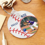 Baseball Pin Name Jersey Number Photo Keychain<br><div class="desc">This design features a baseball background with space for a name, number and photo. Click the customize button for more flexibility in adjusting the text! Variations of this design as well as coordinating products are available in our shop, zazzle.com/store/doodlelulu. Contact us if you need this design applied to a specific...</div>