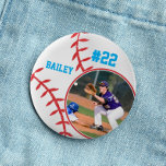 Baseball Pin Name Jersey Number Photo Sky Blue<br><div class="desc">This design features a baseball background with space for a name, number and photo. Click the customize button for more flexibility in adjusting the text! Variations of this design as well as coordinating products are available in our shop, zazzle.com/store/doodlelulu. Contact us if you need this design applied to a specific...</div>