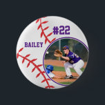 Baseball Pin Name Jersey Number Purple Photo<br><div class="desc">This button design features a baseball background with space for a name, number and photo. Click the customize button for more flexibility in adjusting the text! Variations of this design as well as coordinating products are available in our shop, zazzle.com/store/doodlelulu. Contact us if you need this design applied to a...</div>