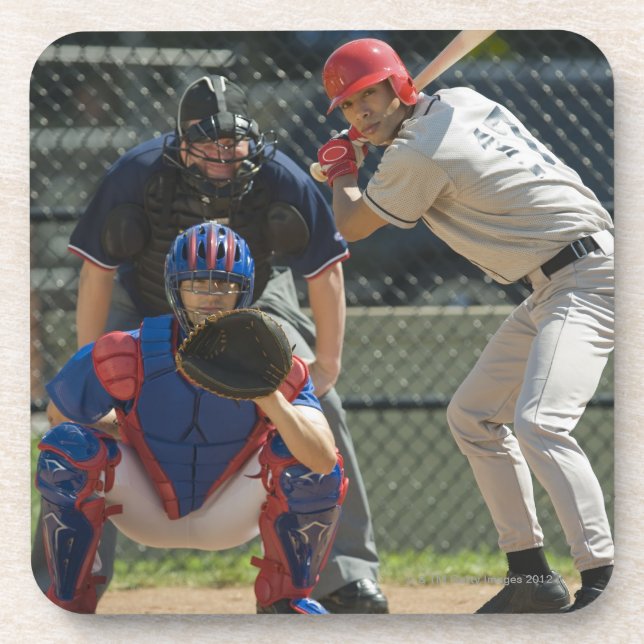 Baseball pitcher, batter and umpire in ready drink coaster (Front)