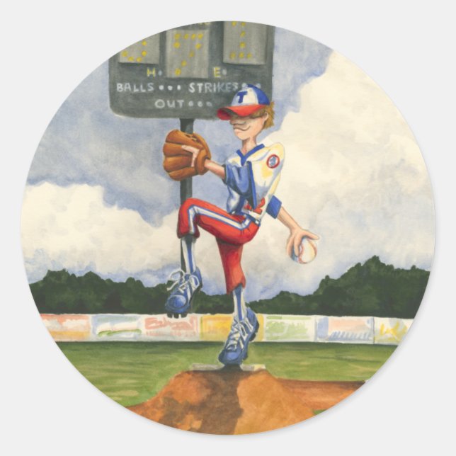 Baseball Pitcher on Mound by Jay Throckmorton Classic Round Sticker (Front)