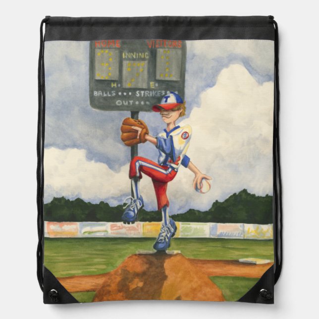 Baseball Pitcher on Mound by Jay Throckmorton Drawstring Bag (Front)