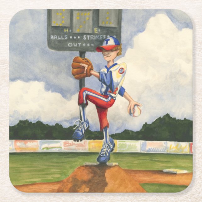 Baseball Pitcher on Mound by Jay Throckmorton Square Paper Coaster (Front)