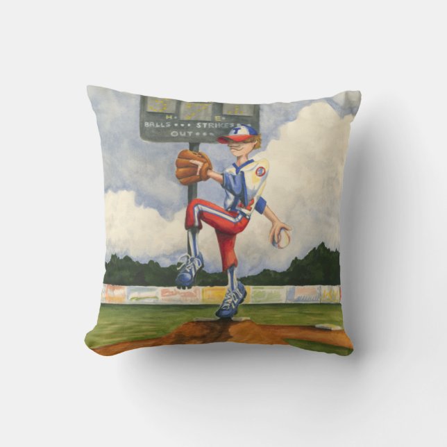 Baseball Pitcher on Mound by Jay Throckmorton Throw Pillow (Front)