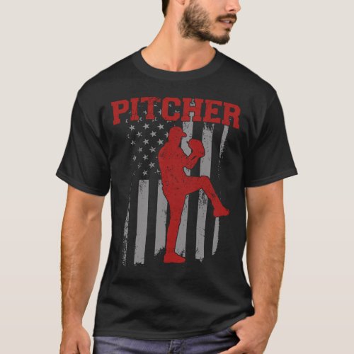 Baseball Pitcher Pitcher Vintage American Flag T_Shirt