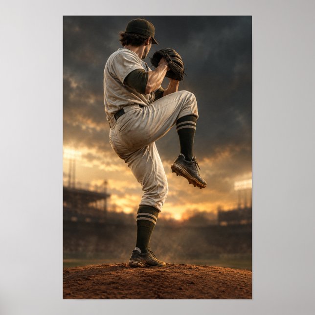 Baseball Pitcher Windup at Sunset – Dramatic Sport Poster (Front)