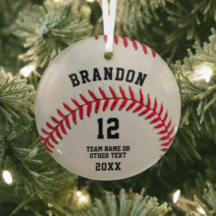 Baseball Player Ball Red Stitching Personalized Glass Ornament