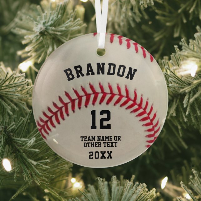 Baseball Player Ball Red Stitching Personalized Glass Ornament (Insitu)