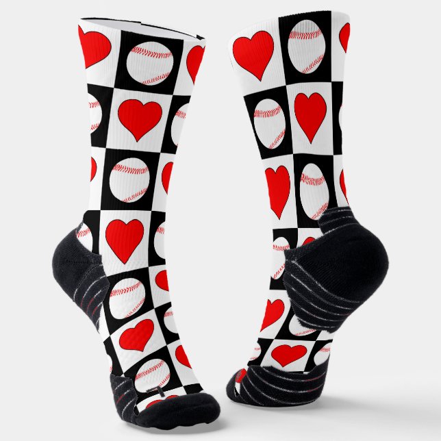 Baseball Player Baseballs & Hearts Pattern Sports Socks (Angled)