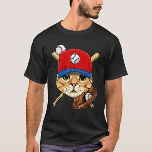 Baseball Player Cat Batter Pitcher Catcher Basebal T-Shirt