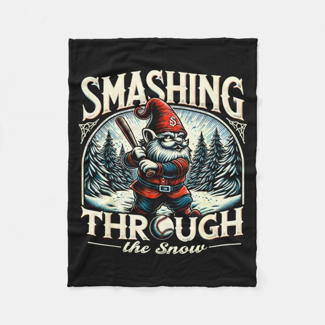 Baseball Player Christmas Gnome, Smashing Through  Fleece Blanket (Front)