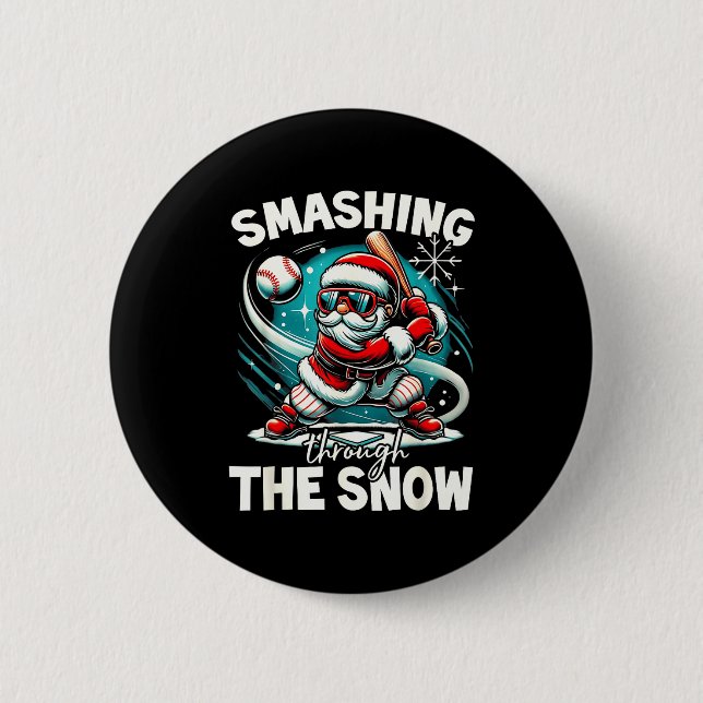 Baseball Player Christmas Santa, Smashing Through  Button (Front)