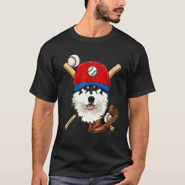 Baseball Player Coaches Alaskan Malamute Dog Pitch T-Shirt (Front)