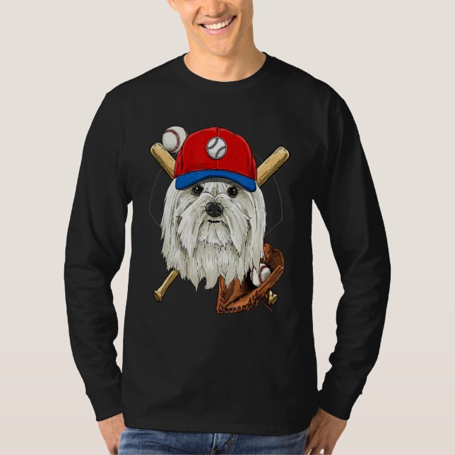 Baseball Player Coaches Maltese Dog  Pitcher Catch T-Shirt (Front)