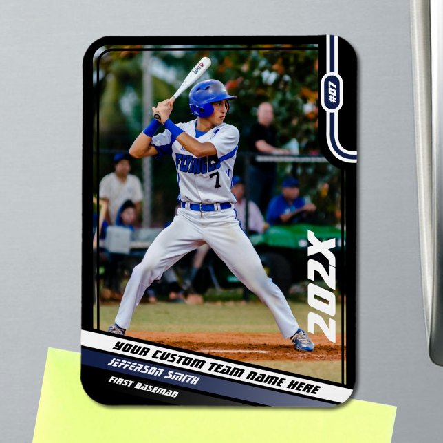 Baseball Player Custom Blue Magnet (Black Baseball Player Magnet with Custom Team Name and White Blue Stripes)