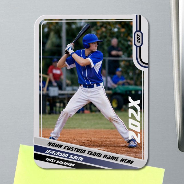 Baseball Player Custom Gift in Blue Magnet (Baseball Player Magnet in Light Grey with Custom Team Name and Grey Blue Stripes)