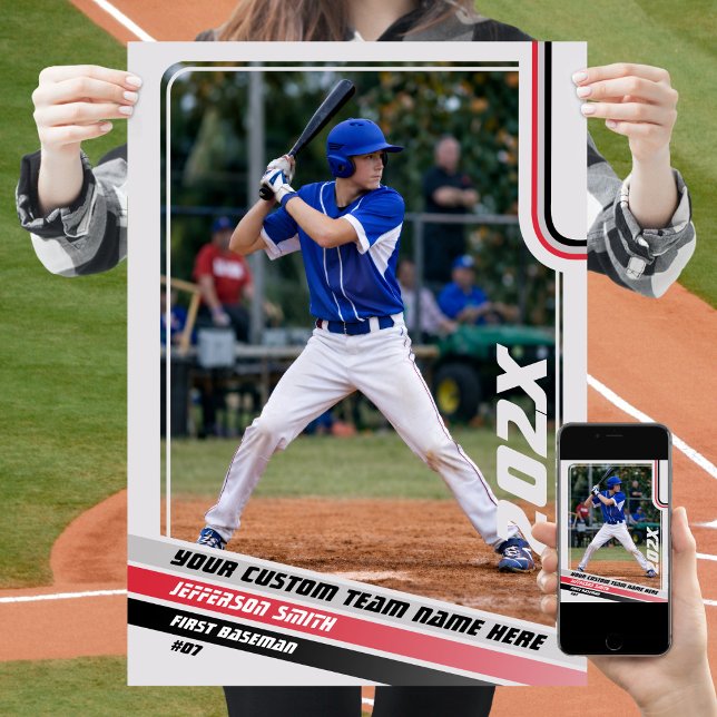 Baseball Player Custom Gift in Grey Red Poster (Baseball Player Poster in Light Grey with Custom Team Name and Grey Red Stripes)