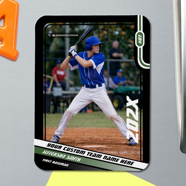 Baseball Player Custom Green Magnet (Black Baseball Player Magnet with Custom Team Name and White Green Stripes)