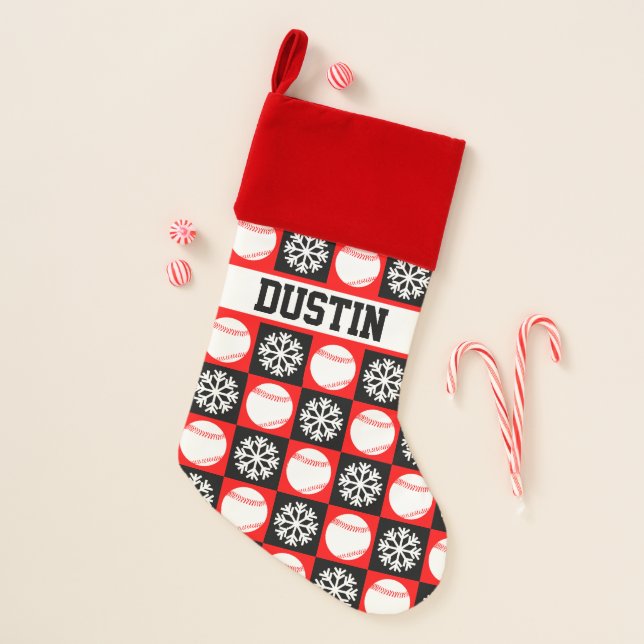 Baseball Player Custom Name Red & Black Christmas Christmas Stocking (Front)