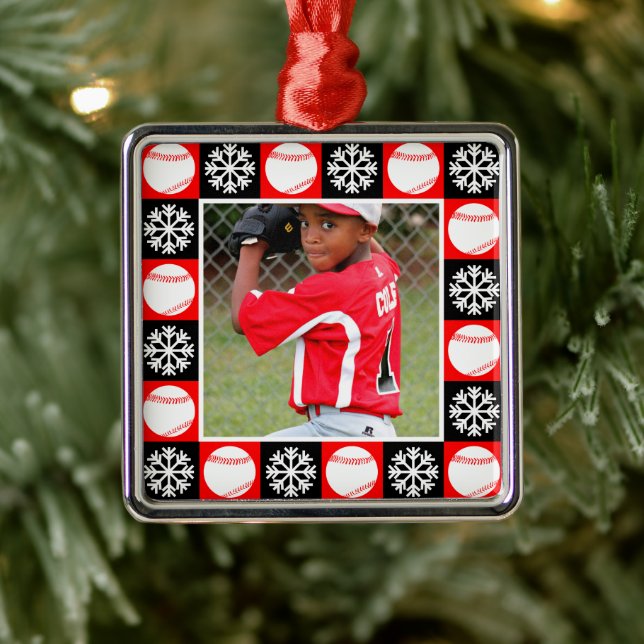 Baseball Player Custom Photo Christmas Snowflakes Metal Ornament (Tree)
