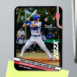 Baseball Player Custom Red Magnet<br><div class="desc">Introducing our captivating baseball photo magnet, featuring a sleek black frame that perfectly accentuates the vibrant red and crisp white elements of the design. Positioned in the top right corner, the customizable uniform number takes center stage, showcased in a bold white san-serif font against the player's image. Adjacent to it,...</div>