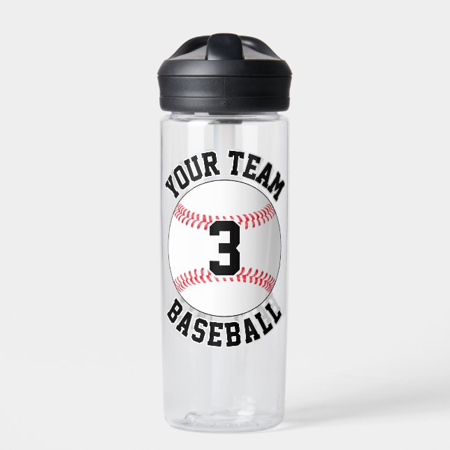 Baseball Player Custom Team Name and Jersey Number Water Bottle (Front)