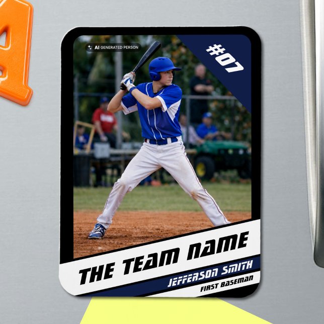 Baseball Player Customizable Black Blue Magnet (Baseball Player Magnet in Black with Custom Team Name and White Blue Stripes)