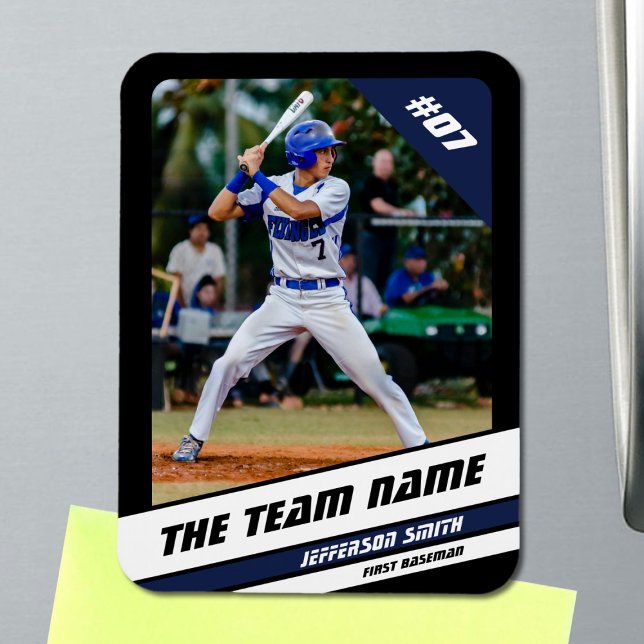 Baseball Player Customizable Black Blue Magnet (Baseball Player Magnet in Black with Custom Team Name and White Blue Stripes)