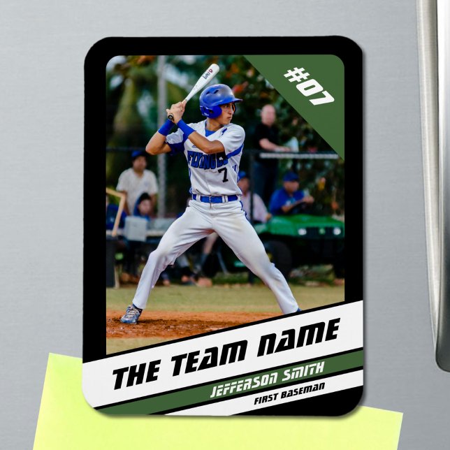 Baseball Player Customizable Black Green Magnet (Baseball Player Magnet in Black with Custom Team Name and White Green Stripes)