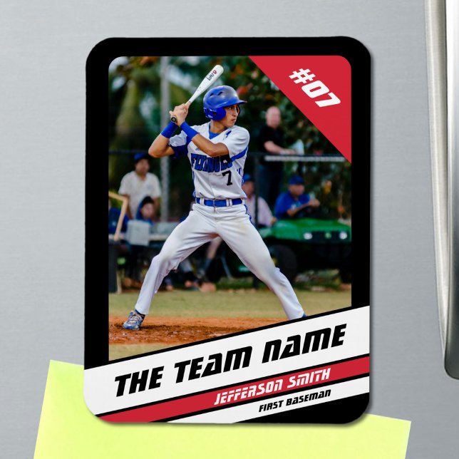 Baseball Player Customizable Black Red Magnet (Baseball Player Magnet in Black with Custom Team Name and White Red Stripes)