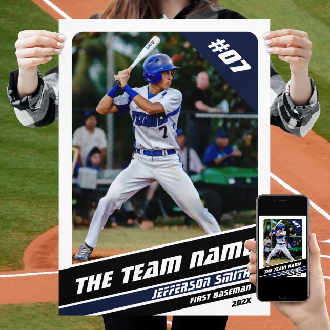 Baseball Player Customizable Gift in White Blue Poster (Baseball Player Poster in White with Custom Team Name and Black Blue Stripes)