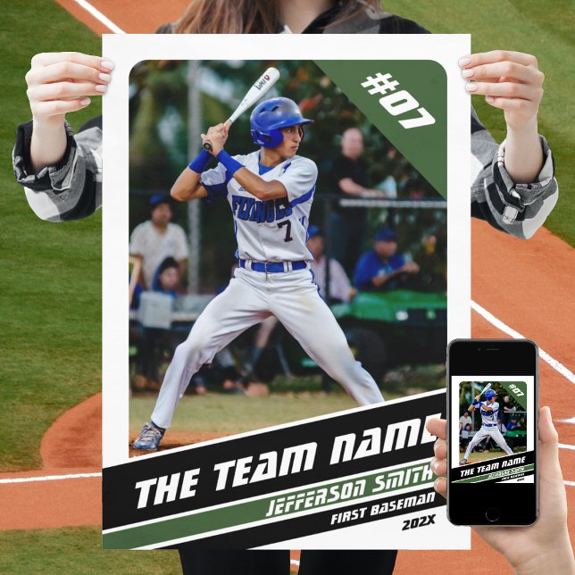 Baseball Player Customizable Gift in White Green Poster (Baseball Player Poster in White with Custom Team Name and Black Green Stripes)