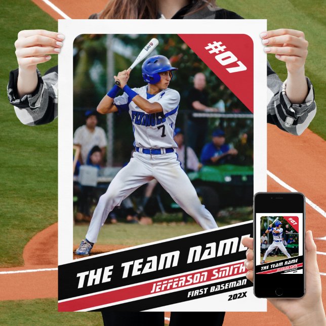 Baseball Player Customizable Gift in White Red Poster (Baseball Player Poster in White with Custom Team Name and Black Red Stripes)